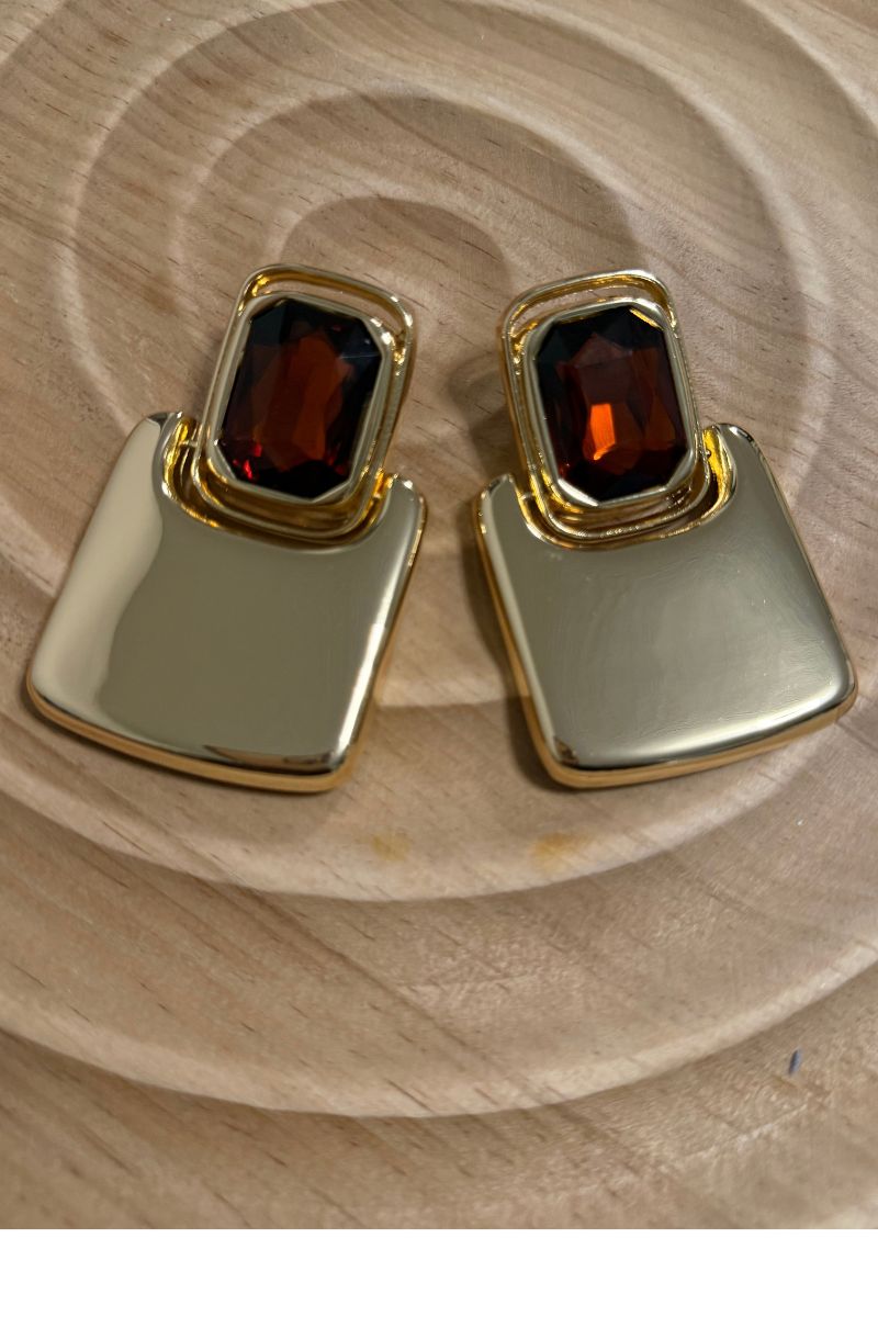 Burgundy Gemstone Gold Earrings, Geometric Statement Drops, Vintage Inspired Red Crystal Earrings, Bold Fashion Jewelry