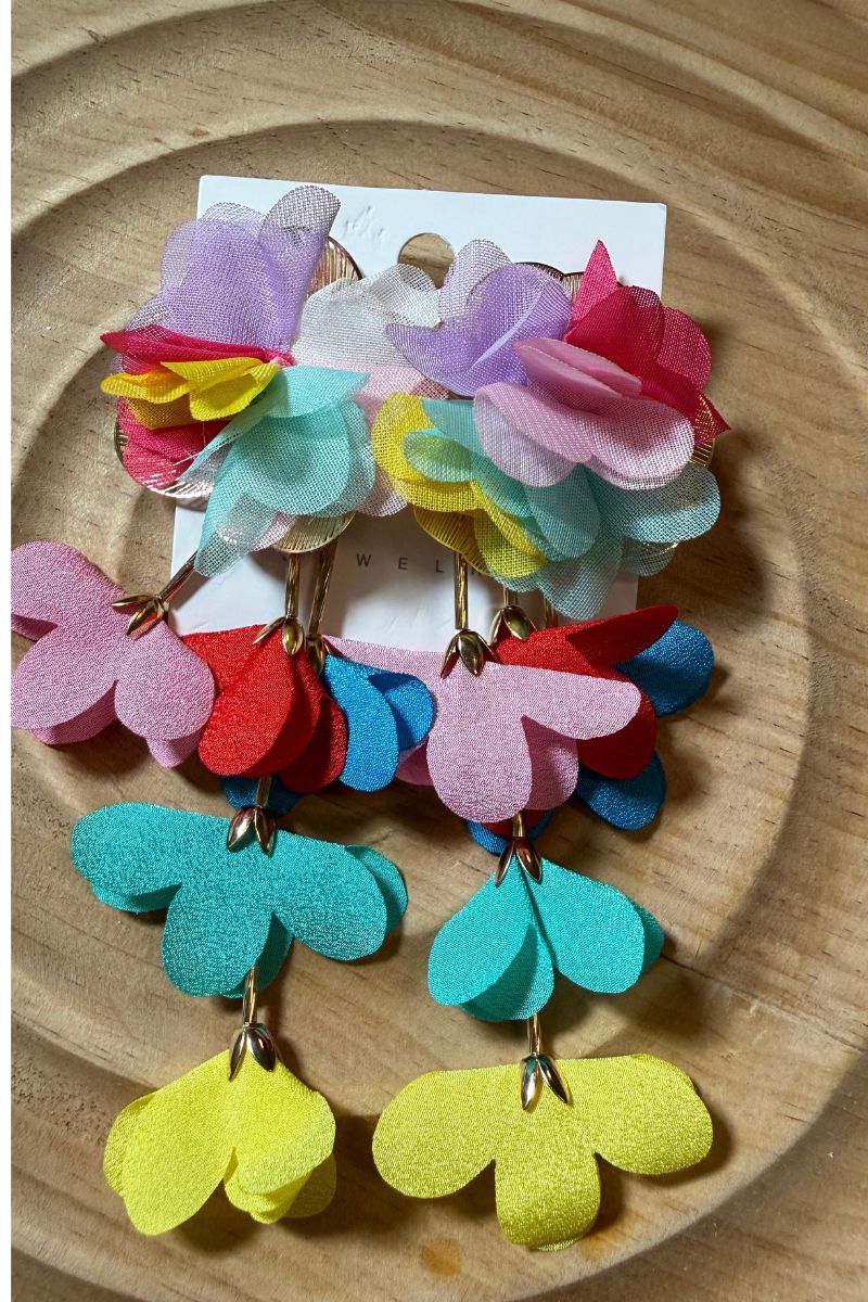 Floral Cascade Earrings, Long Flower Statement Earrings, Bridal Drop Jewelry, Romantic Petal Earrings, Gift for Her