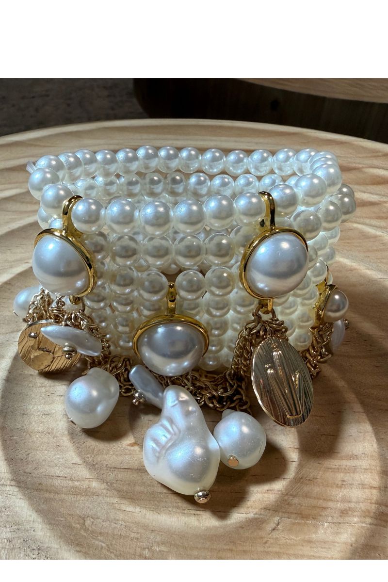 Pearl Charm Cuff Bracelet, Multi Strand Pearl Bangle, Gold Charm Statement Bracelet, Bridal and Occasion Jewelry