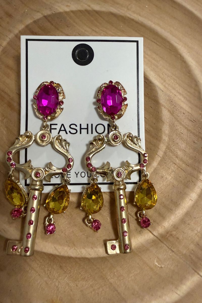 Multicolor Crystal Key Earrings, Gold Statement Dangle Earrings, Afro Inspired Festival Jewelry, Bold Colorful Drop Earrings