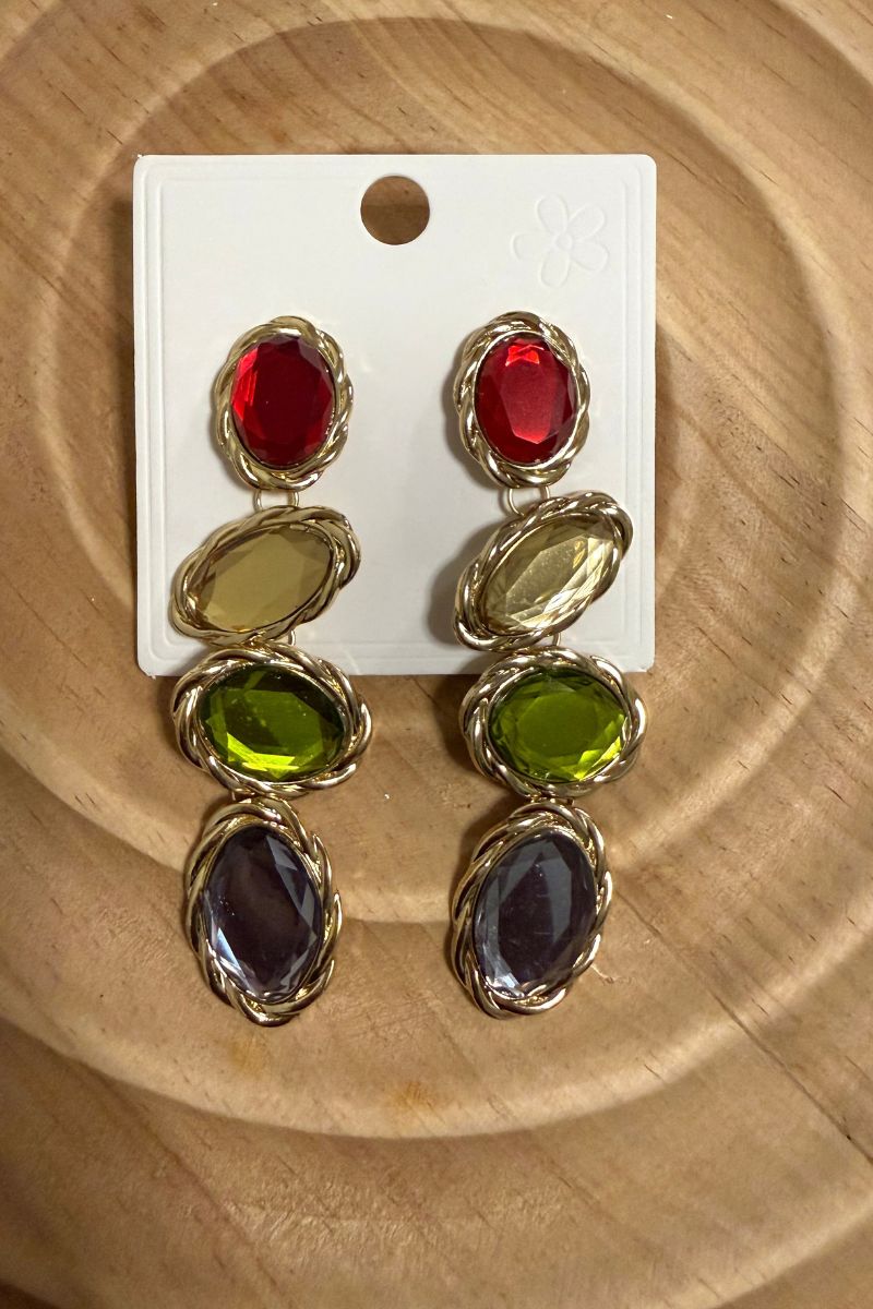 Multicolor Gemstone Drop Earrings, Gold Bezel Statement Jewelry, Colorful Oval Dangle Earrings, Jewel Tone Gift for Her
