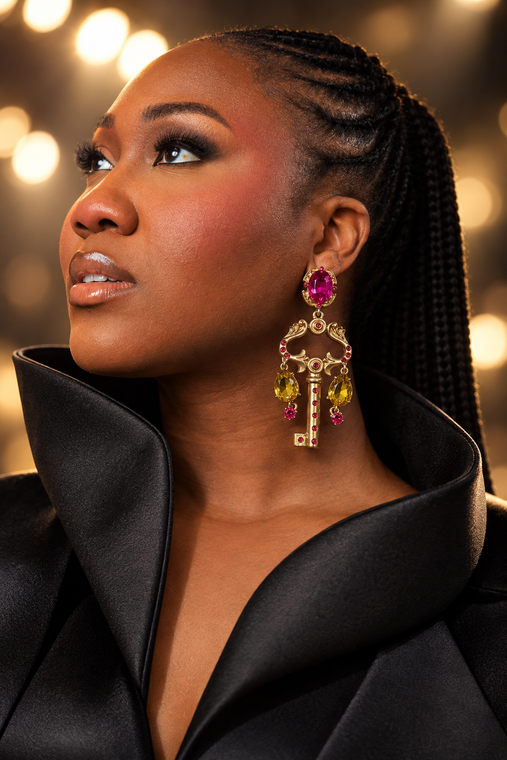 Multicolor Crystal Key Earrings, Gold Statement Dangle Earrings, Afro Inspired Festival Jewelry, Bold Colorful Drop Earrings