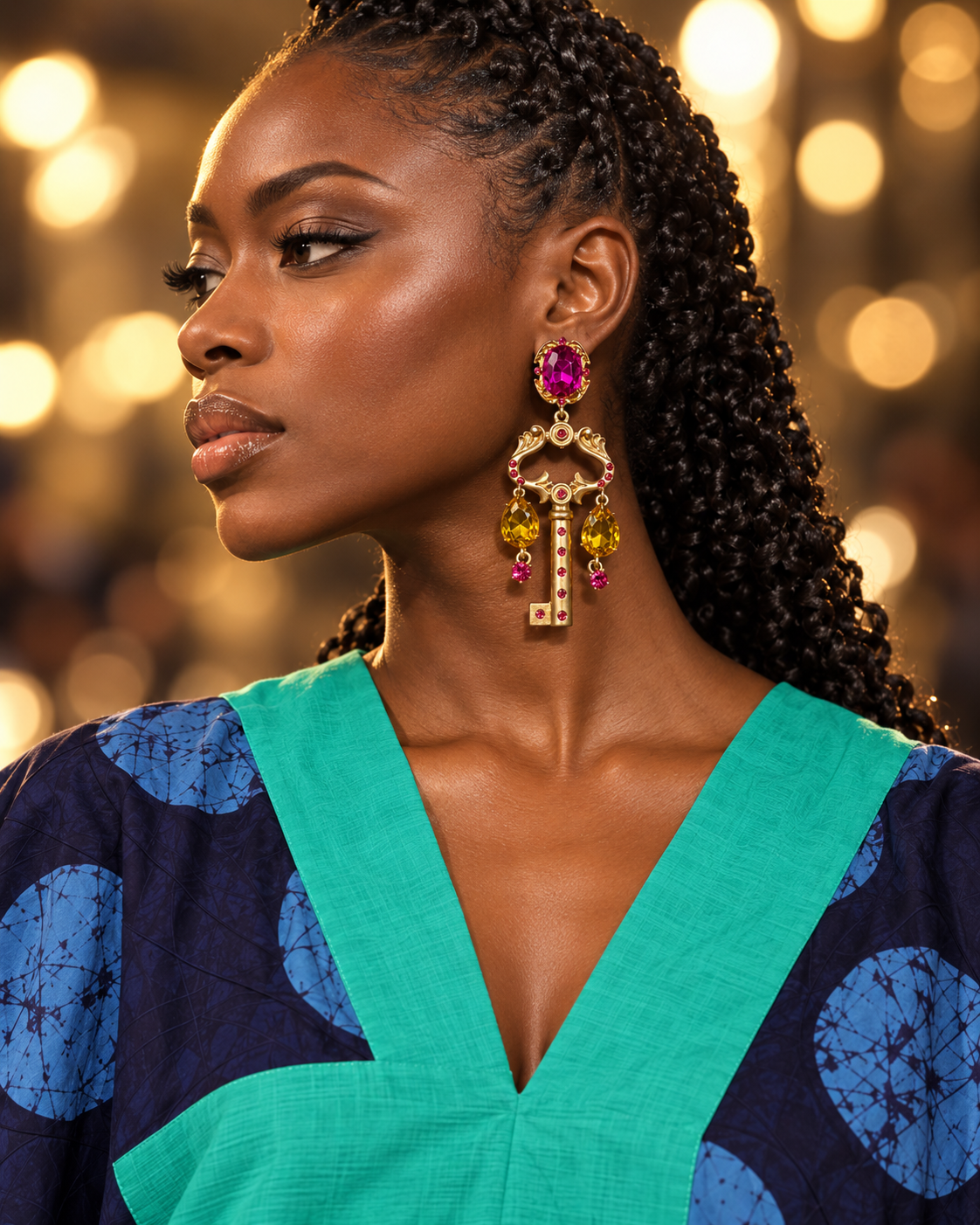 Multicolor Crystal Key Earrings, Gold Statement Dangle Earrings, Afro Inspired Festival Jewelry, Bold Colorful Drop Earrings